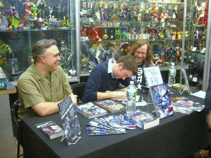 (From left to right:) Comic book creators David Alan Mack, Will Sliney and Keith DeCandido at a signing at Forbidden Planet in Manhattan.