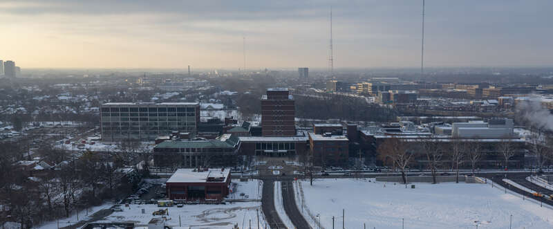 Battelle Memorial Institute on King Ave in Columbus, Ohio in winter.