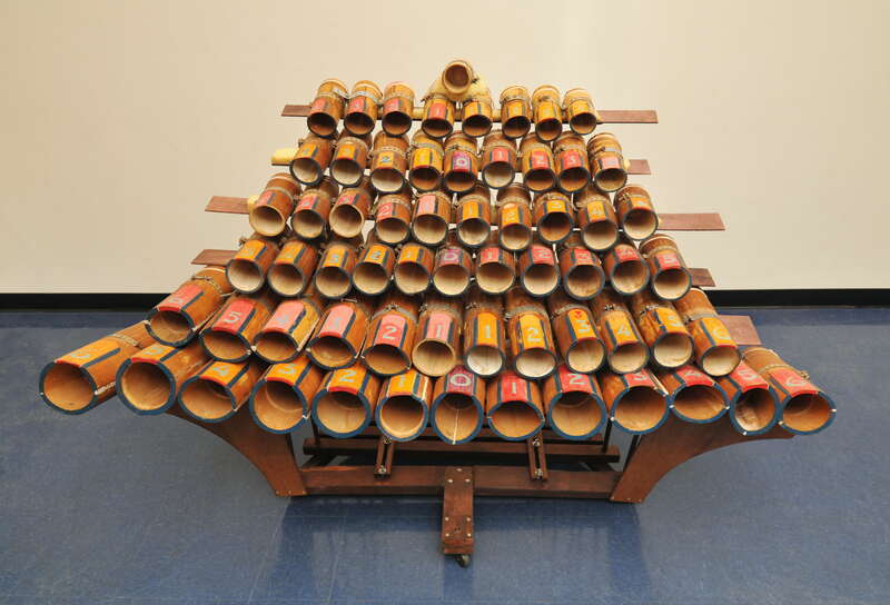 Harry Partch's Boo I, a bamboo marimba using his system of just intonation. Photographed at the Harry Partch Institute at Montclair State University.