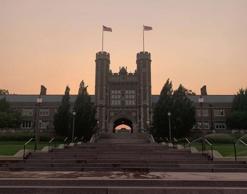 Sunset shining through Brookings Hall on the Washington University in St. Louis campus.