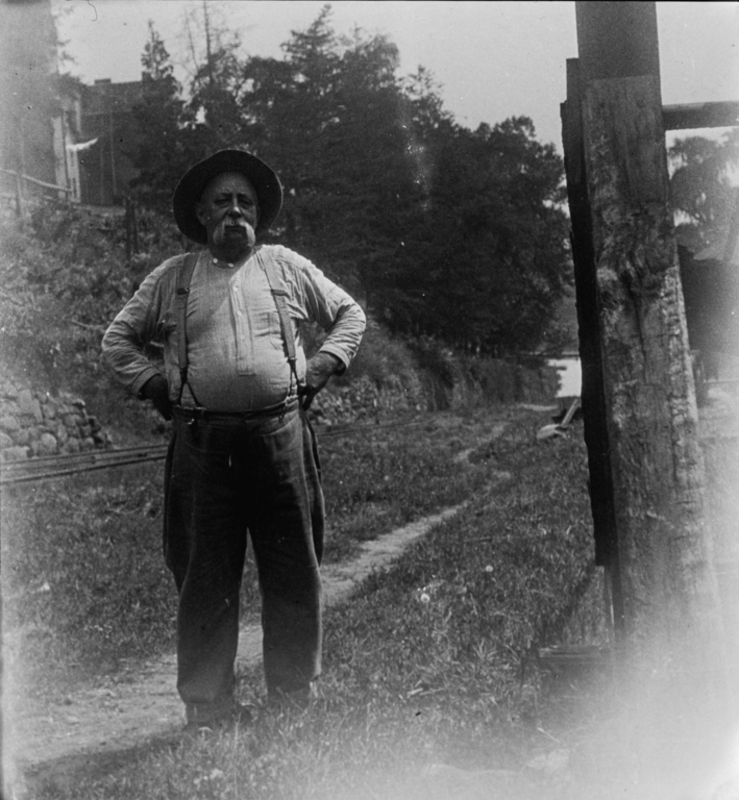 Canal Tender (of an inclined plane, so he's not a lock tender) at Plane 7 East on Morris Canal. Inclined plane 7 East can be seen behind him. 
HABS says: 87. CANAL TENDER AT PLANE 7 EAST. - Morris Canal, Phillipsburg, Warren County, NJ