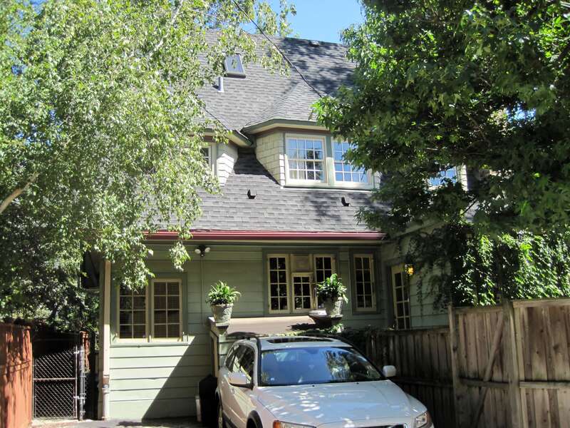 The Charles E. Roberts Stable in the Frank Lloyd Wright-Prairie School of Architecture Historic District in Oak Park (date unknown, remodel by Wright 1896, remodel by White c. 1904). Originally a barn, Wright remodeled the building to be a garage for