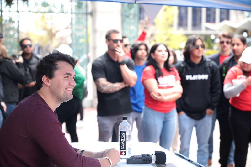 Charlie Kirk speaking with students at the University of California, Berkeley tour stop of the &quot;Educate, Don't Mandate&quot; tour at Sather Gate in Berkeley, California.

Please attribute to Gage Skidmore if used elsewhere.