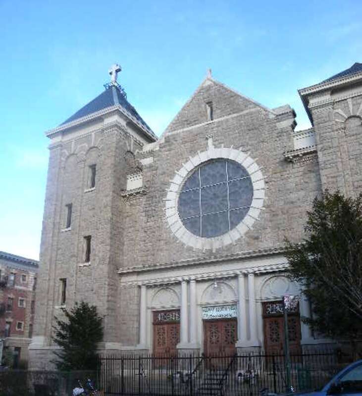 Looking east from Vanderbilt Avenue at Duryea Presbyterian Church on a sunny late afternoon.