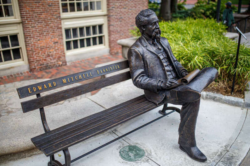 Bronze statue of Edward Mitchell Bannister, Market Square, Providence Rhode Island. Artist: Gage Prentiss. Foundry: Sincere Metal Works.