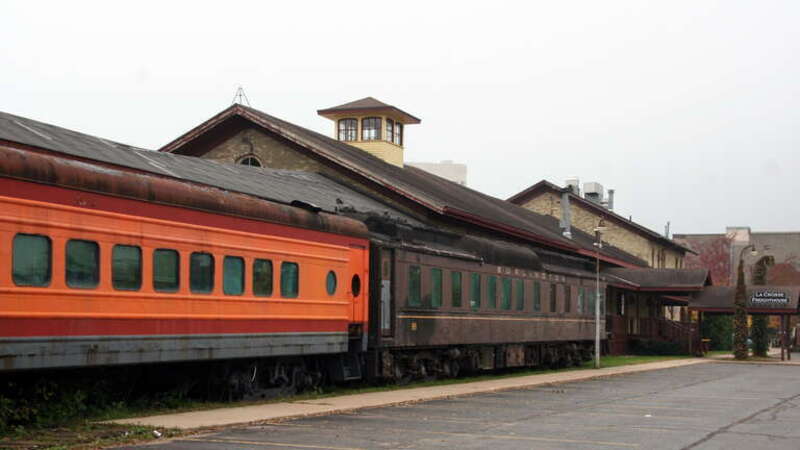 Historic Freight House and railroad cars on Front and Vine Streets in La Crosse, Wisconsin