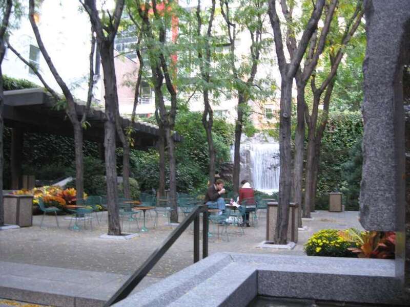 Looking north into Greenacre Park at 215 East 51st Street, Manhattan, on a cloudy afternoon
