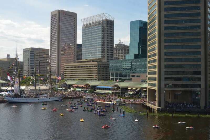 From the upstairs snack bar in the Baltimore Aquarium you can get a good view of part of the inner harbor.