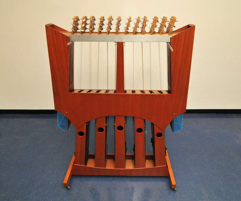Harry Partch's New Kithara I, a string instrument playing in just intonation. Photographed at the Harry Partch Institute at Montclair State University.