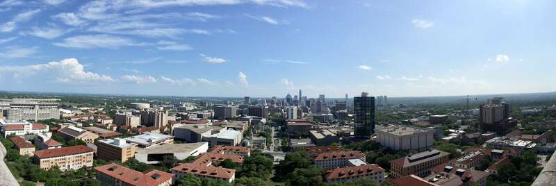 View looking south from the Tower observation deck of the UT campus and downtown Austin.