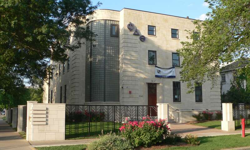 Phi Delta Theta fraternity house, located at 1545 R Street (southwest corner of 16th and R) on the University of Nebraska campus in Lincoln, Nebraska; seen from the northeast, across R.
