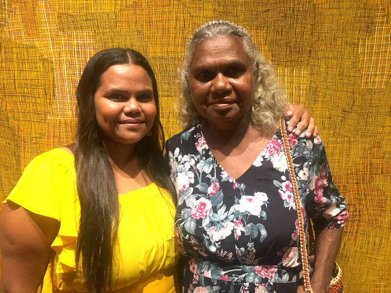 Regina Pilawuk Wilson with her granddaughter Leaya Wilson at the opening of &quot;Marking the Infinite: Contemporary Women Artists from Aboriginal Australia&quot; at The Phillips Collection, Washington, D.C.