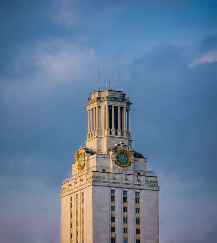 500px provided description: A closeup of the famous &quot;UT Clock Tower&quot; that stands in the middle of campus at the University of Texas in Austin. [#Architecture ,#Blue ,#Sky ,#Gold ,#Clock ,#Texas ,#Tower ,#Austin ,#University ,#Zoom ,#Telephoto