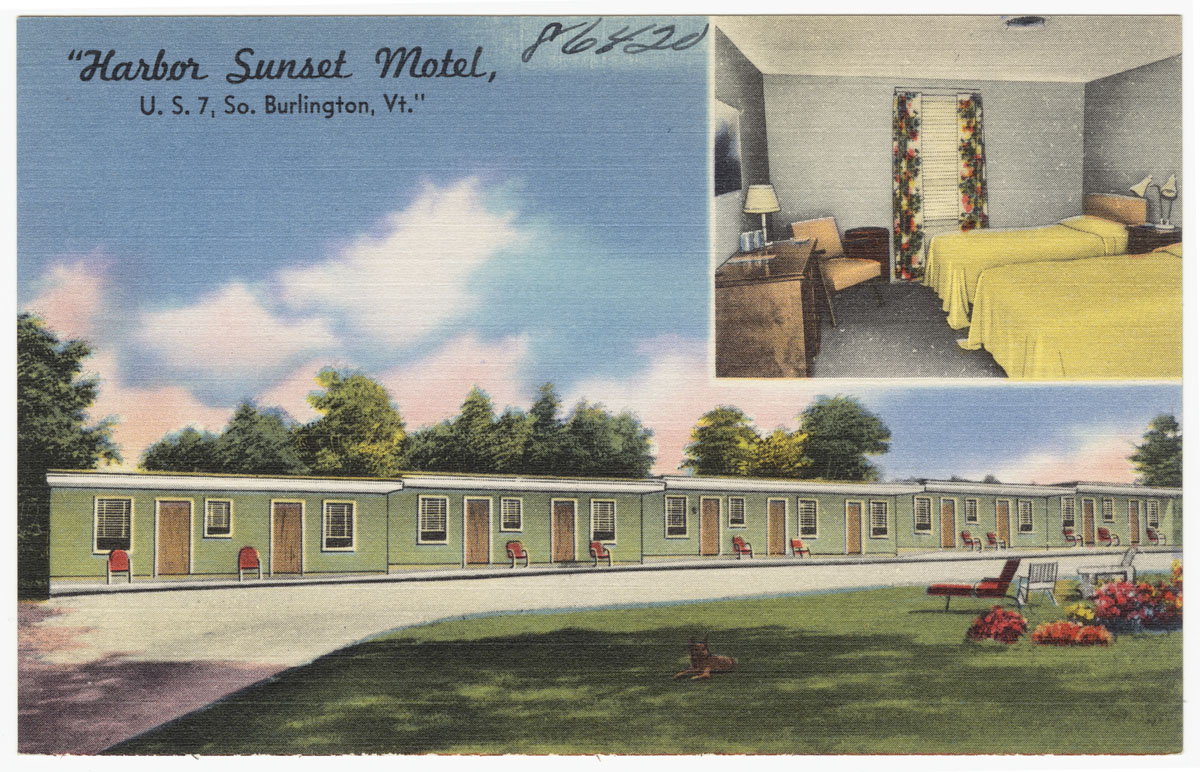 File name: 06_10_002313
Title: &quot;Harbor Sunset Motel,&quot; U.S. 7, So. Burlington, Vt.
Created/Published: 
Date issued: 1930 - 1945 (approximate)
Physical description: 1 print (postcard) : linen texture, color ; 3 1/2 x 5 1/2 in.
Genre: Postcards