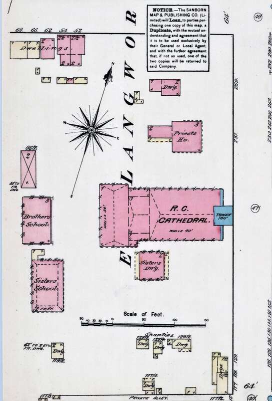 An 1884 Sanborn Fire Insurance Map cropped to show the property of St. Raphael's Cathedral in Dubuque, Iowa, United States. The cathedral is in the center (pink, tower in blue). The rectory is located immediately to the north of the cathedral and