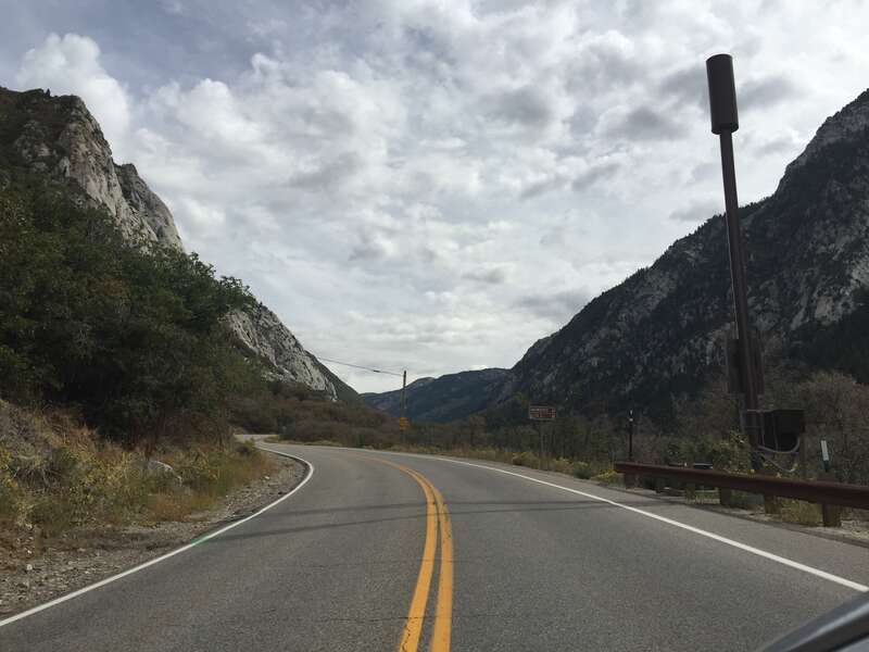 View east along Little Cottonwood Canyon Road (Utah State Route 210) about 4.1 miles southeast of the intersection with Big Cottonwood Canyon Road (Utah State Route 190) in Salt Lake County, Utah