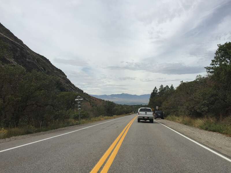 View west along Little Cottonwood Canyon Road (Utah State Route 210) about 4.1 miles southeast of the intersection with Big Cottonwood Canyon Road (Utah State Route 190) in Salt Lake County, Utah