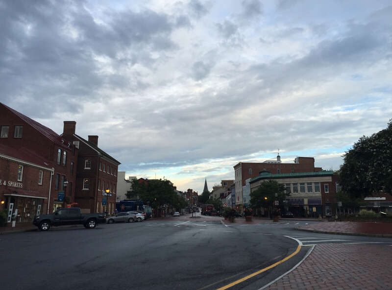 View west along Main Street at Compromise Street in Annapolis, Anne Arundel County, Maryland
