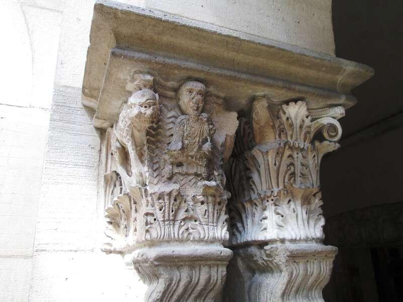 The capital of a column in the Saint-Guilhelm Cloister of The Cloisters museum of the Metropolitan Museum in Fort Tryon Park, Manhattan, New York City