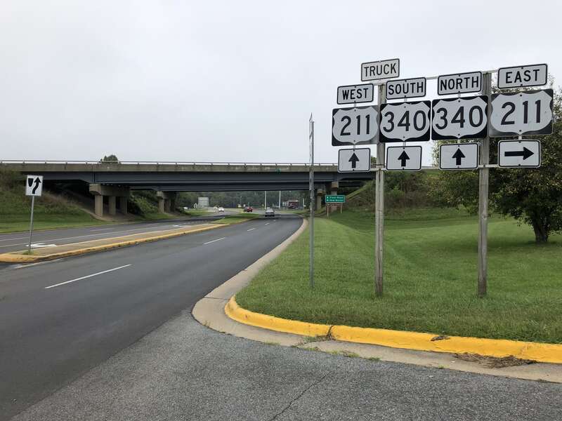 View north along U.S. Route 340 at the junction with U.S. Route 211 and U.S. Route 340 Business in Luray, Page County, Virginia