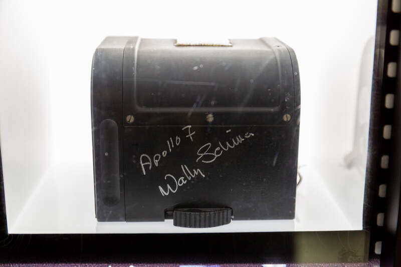 The Apollo 7 camera back, signed by Wally Schirra, on display at the Cosmosphere.