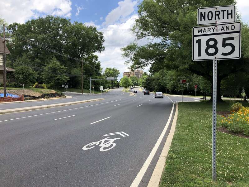 View north along Maryland State Route 185 (Connecticut Avenue) just south of Baltimore Street in Kensington, Montgomery County, Maryland