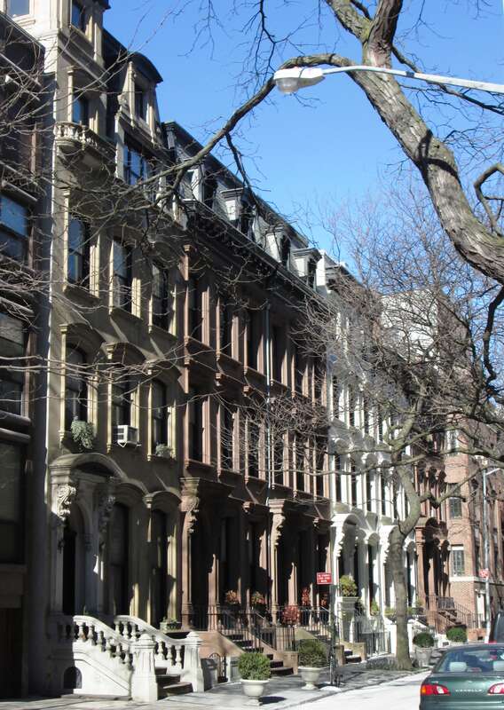 210 (right) - 222 (left) Columbia Heights between Pierrepont and Clark Streets in the Brooklyn Heights neighborhood of Brooklyn, New York City were built 1852-60 and are "the best remaining examples of group mansions in brownstone, although some have
