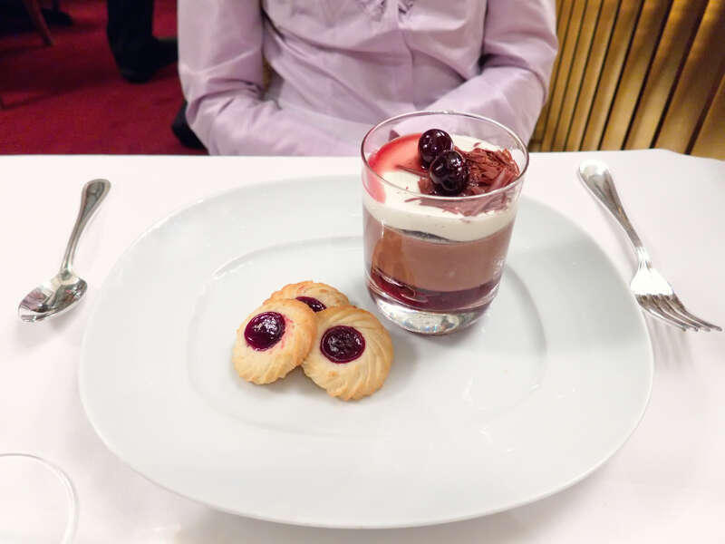 Jenny's dessert:  Black Forest Parfait with sour cherry compote and spritz cookies at the Metropolitan Opera's Grand Tier restaurant.