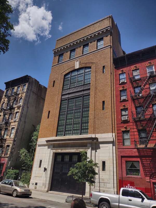 Looking north across the street on a sunny afternoon, at 421 East 6th Street, built 1920 as an electrical substation, later home of Walter De Maria, now Brant Foundation art gallery.