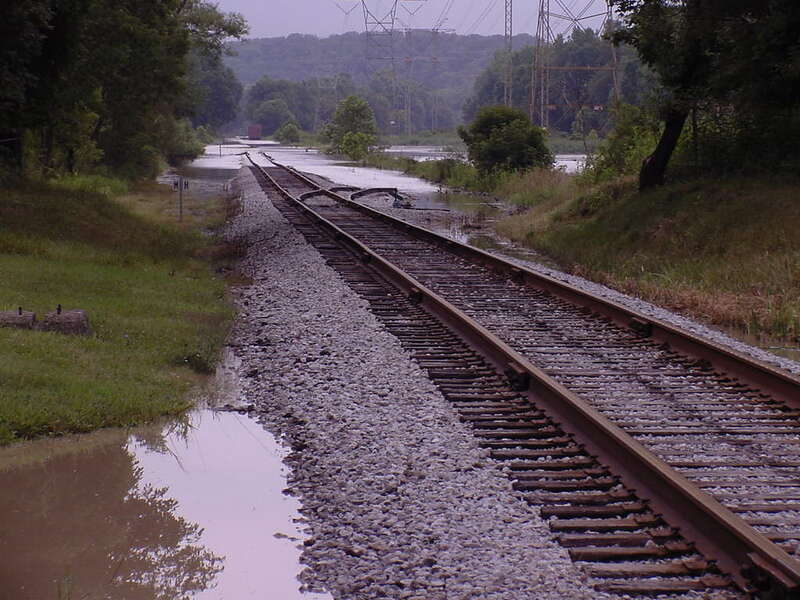 Cuyahoga River flood covering Cuyahoga Valley Scenic Railroad tracks north of Vaughn Road.