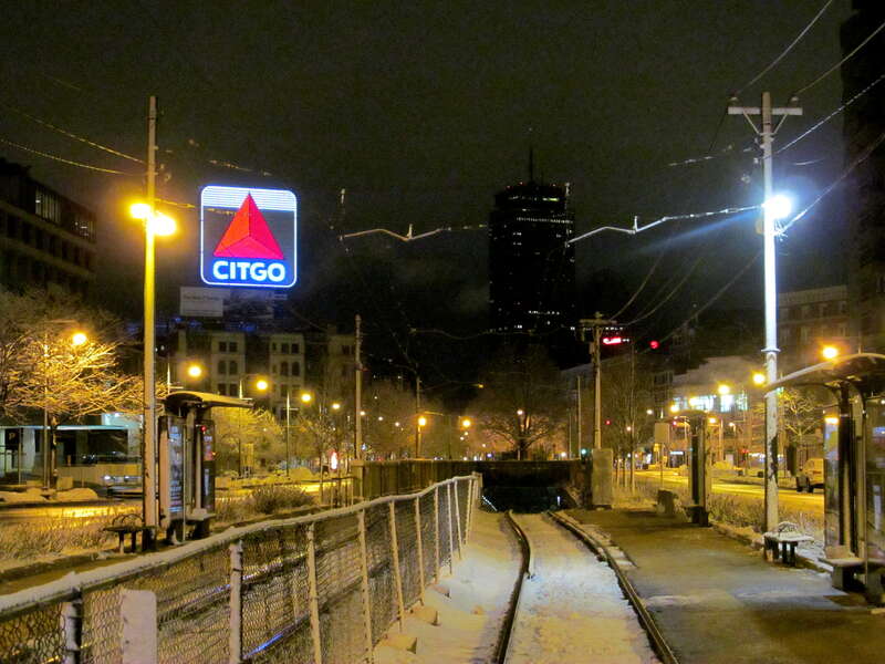 The CITGO sign above St. Marys Street station at night in February 2013