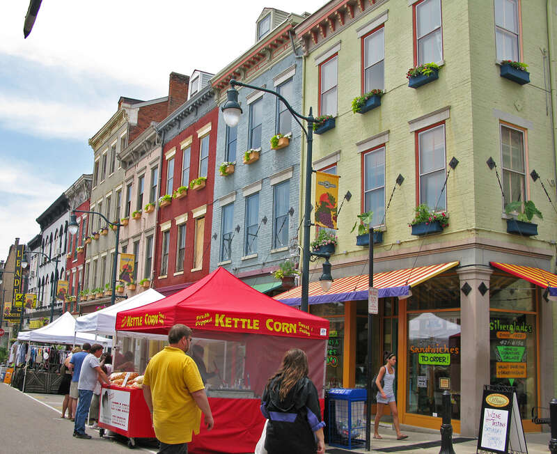 Colorful buildings at Findlay Market in the neighborhood of Over-the-Rhine, Cincinnati, Ohio.