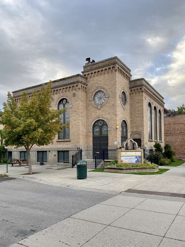 Built in 1921, this stripped and stark Romanesque Revival-style church, home to a Presbyterian congregation, stands at the corner of Central Avenue and 3rd Street in downtown Whitefish, Montana.