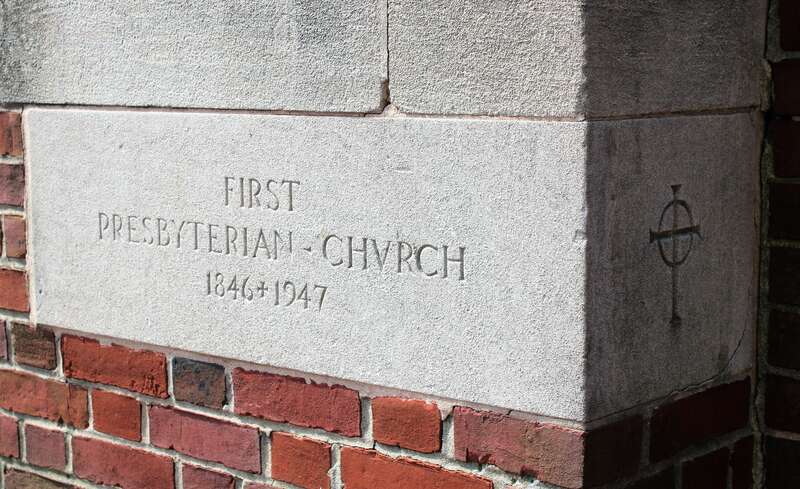 First Presbyterian Church on Duke of Gloucester Street in Annapolis, Maryland. The building was originally built as a theater in 1828 and converted into a church in 1846. It was expanded to its present form in 1948.
