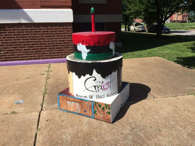 One of the "cakes" from the St. Louis 250 anniversary installed in front of the Griot Museum of Black History.