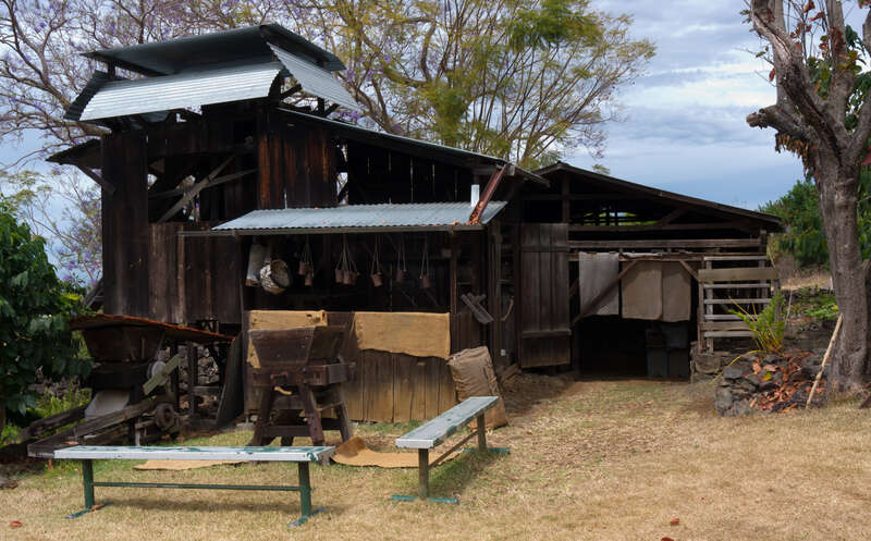Historic coffee mill at the Kona Coffee Living History Farm, March 2012.