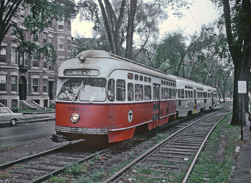 A three-car train of PCC streetcars bound for Lechmere approaches St. Mary's Street station in August 1970