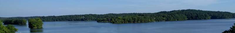 The View from the balcony of the Lake Barkley State Resort Park Lodge, overlooking the pool and the lake.