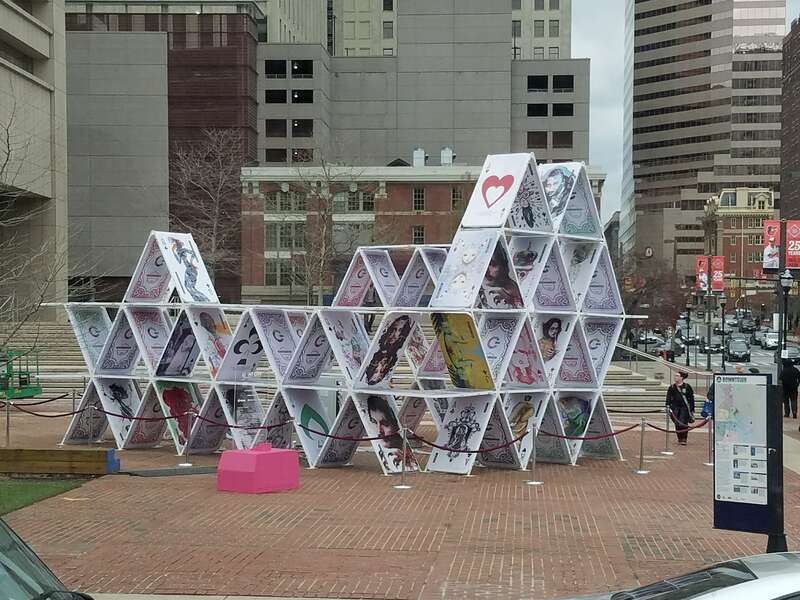 A life-size house of cards on a Baltimore, Maryland sidewalk