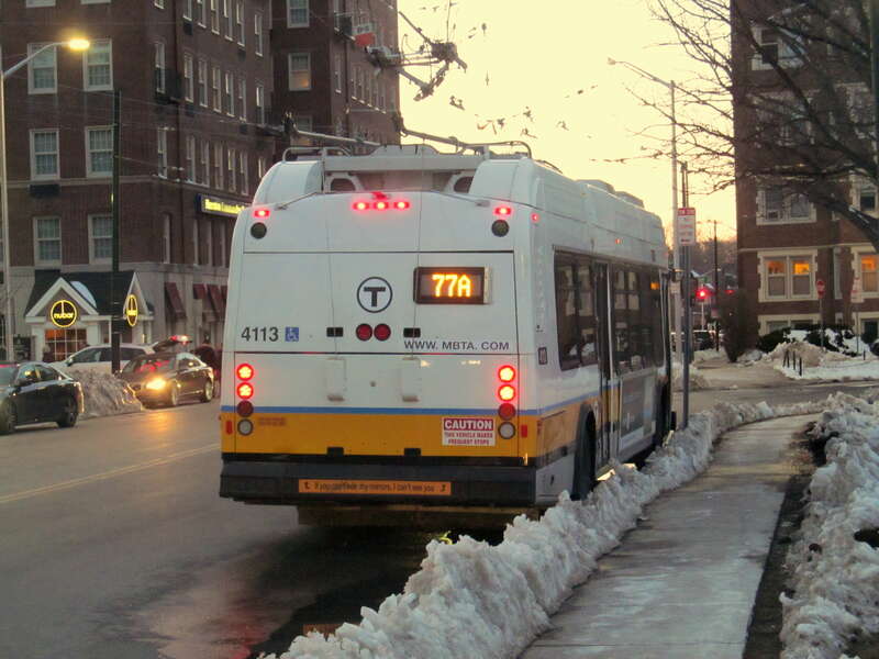 An MBTA route 77A trolleybus laying over at Cambridge Common in March 2017