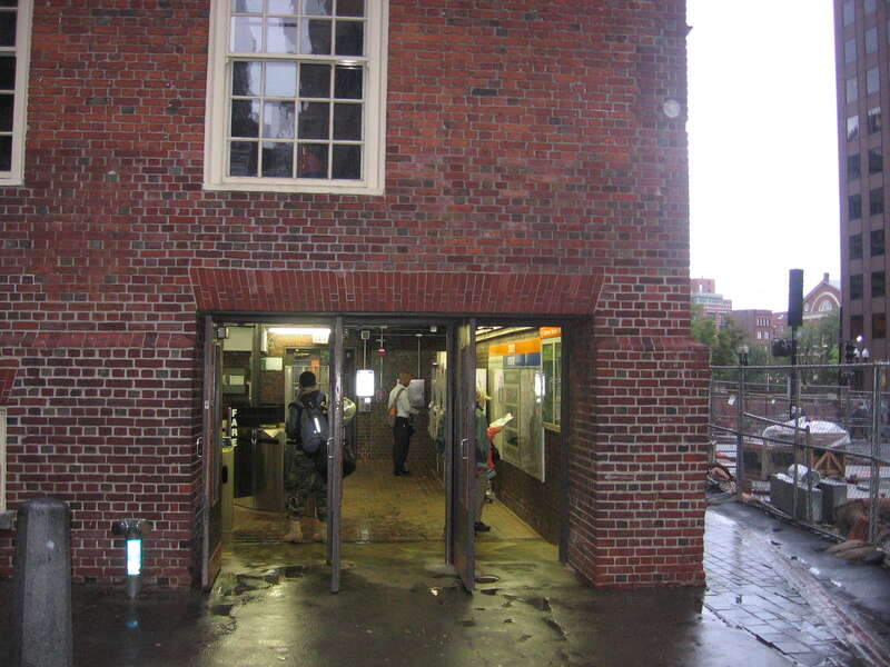 The basement of the Old State House is one of the entrances to State station on the MBTA Blue and Orange lines. This photo is from the Devonshire Street side looking north.