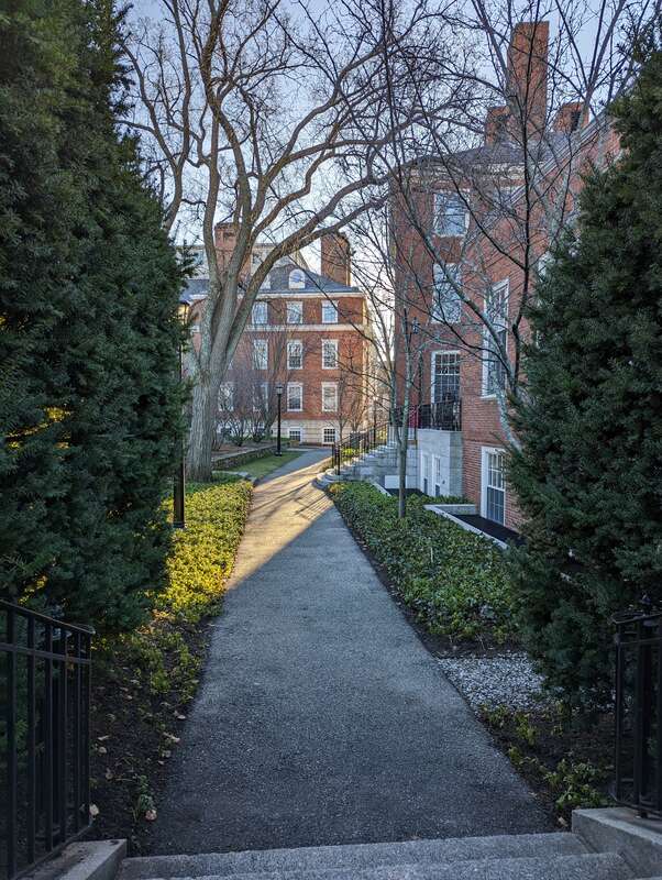Path at Radcliffe Yard of Harvard University in Cambridge, Massachusetts, in winter