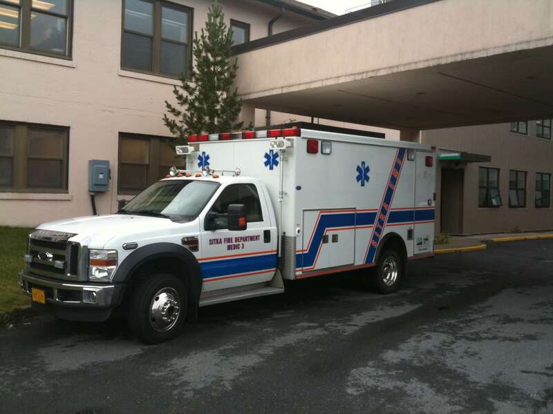 Sitka Fire Department and EMS Ambulance at the ER bay of Mt. Edgecumbe Hospital in Sitka, Alaska.