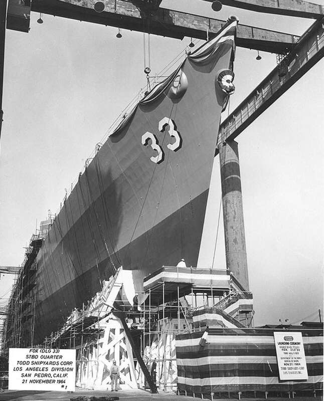 The U.S. Navy guided missile cruiser USS Fox (DLG-33) ready for launching at the Todd Shipyards Corporation Los Angeles Division shipyard, San Pedro, California (USA), on 21 November 1964.