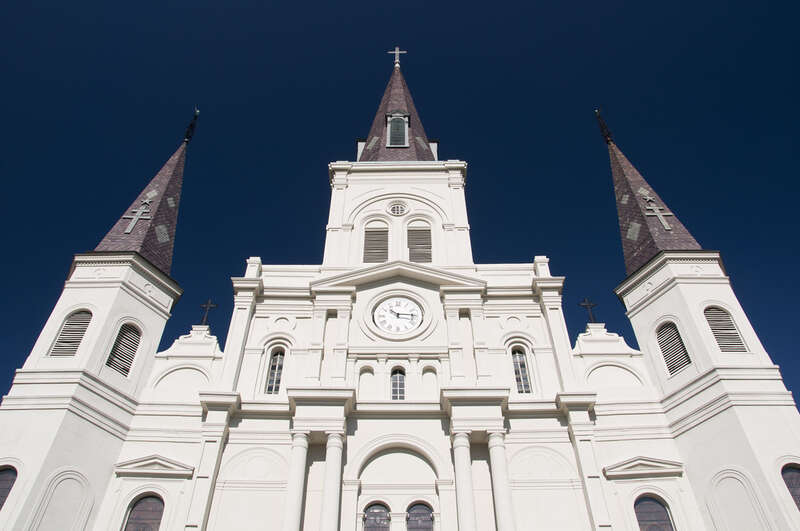 Front fascade of St. Louis Cathedral at Jackson Square in the French Quarter of New Orleans.
