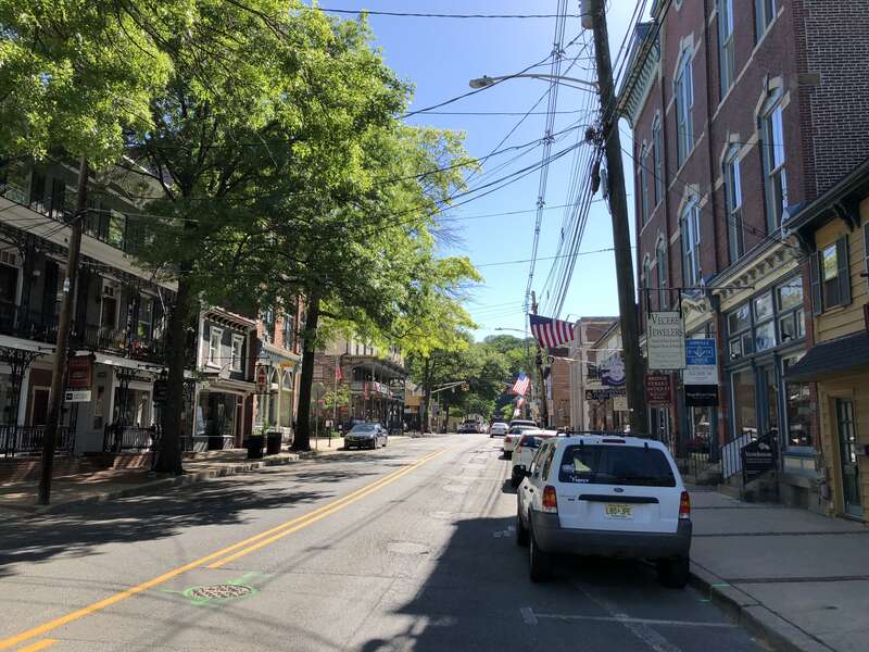 View north along New Jersey State Route 179 (Bridge Street) between Lambert Lane and Klines Court in Lambertville, Hunterdon County, New Jersey