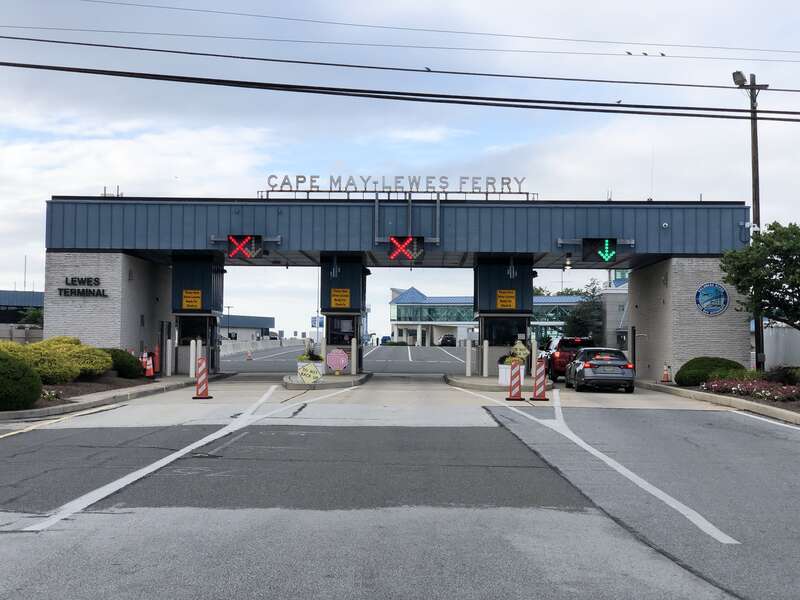 View east along U.S. Route 9 (Cape May-Lewes Ferry Road) at the entrance to the Cape May-Lewes Ferry in Lewes, Sussex County, Delaware