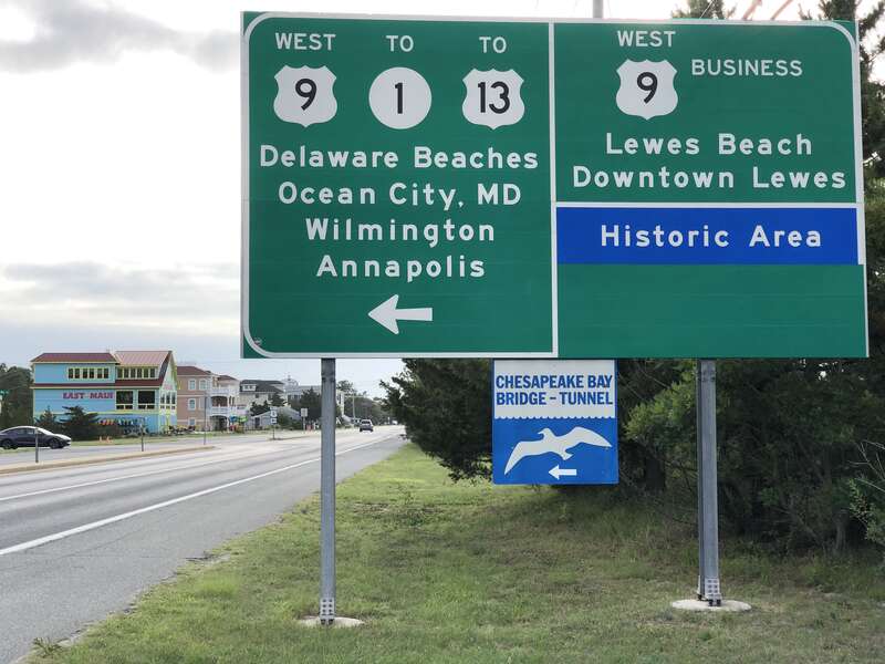 View west along U.S. Route 9 (Cape Henlopen Drive) at U.S. Route 9 Business and Theodore C. Freeman Highway in Lewes, Sussex County, Delaware