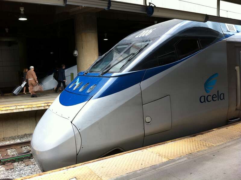 An Acela Express after its arrival in Washington, D.C. Union Station.