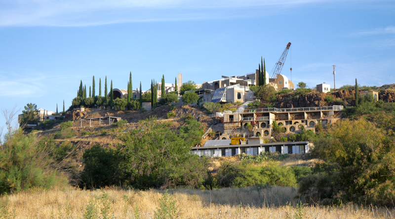 View of Arcosanti from the southeast, showing buildings from Crafts III on the far left to the guestrooms in the right foreground.